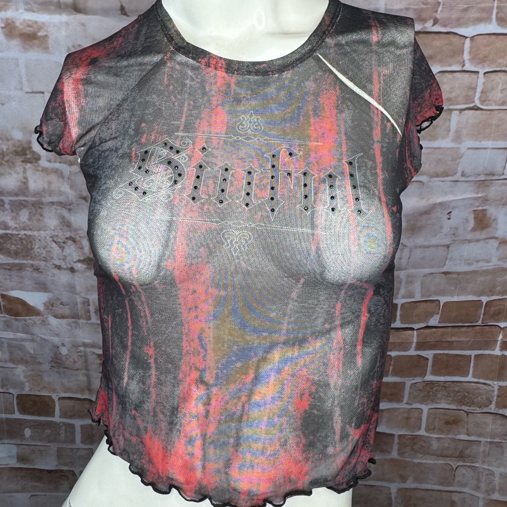 Sinful By Affliction Angel Wings Sheer Short Sleeve Crop Top - NWT - Picture 3 of 12